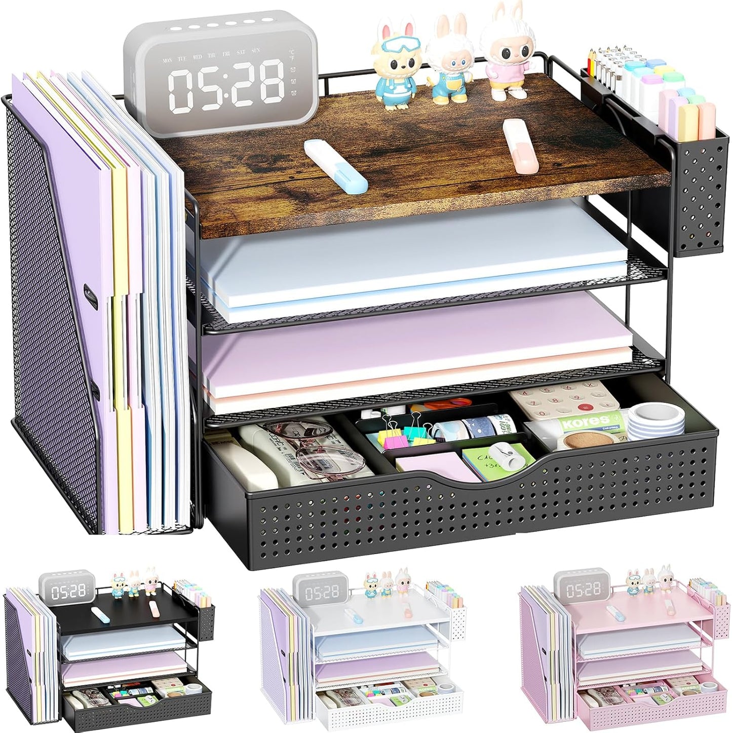 Wood Desk Organizers and Accessories with File Holder, 4-Tier Desk Accessories & Workspace Organizers with Drawer and Pen Holder, Paper Organizer for Office Supplies (Wood)