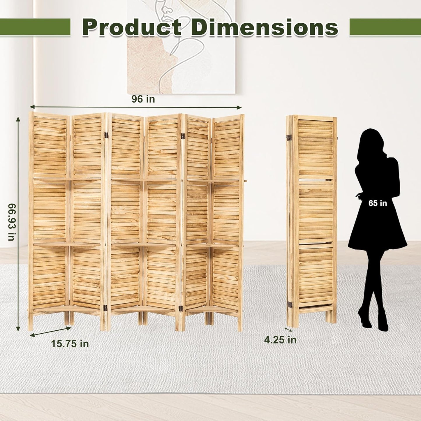 NicBex 6 Panel Room Divider 5.6FT Louvered Design Room Dividers with Display Storage Shelves Folding Privacy Screens Portable Freestanding Partition Wall Dividers for Home Bedroom Office, Natural Wood
