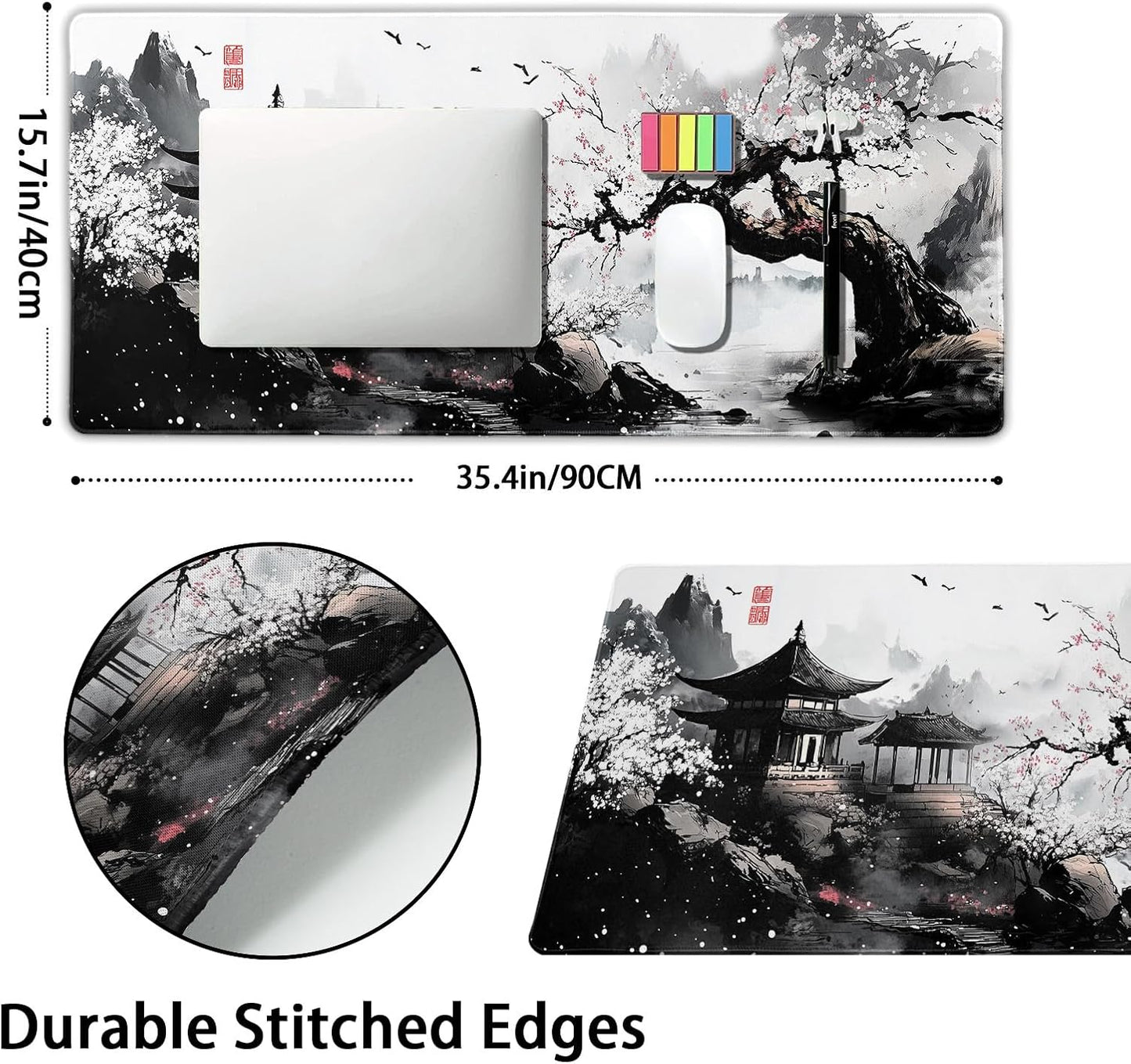 Black Whtie Japanese Gaming Mouse Pad XXL Anime Sakura Cherry Blossom Tree Extended Large Mat Mousepad Desk Pad Non-Slip Rubber Base Stitched Edge Keyboard Pad Playmat for Computer,35.4×15.7 Inch