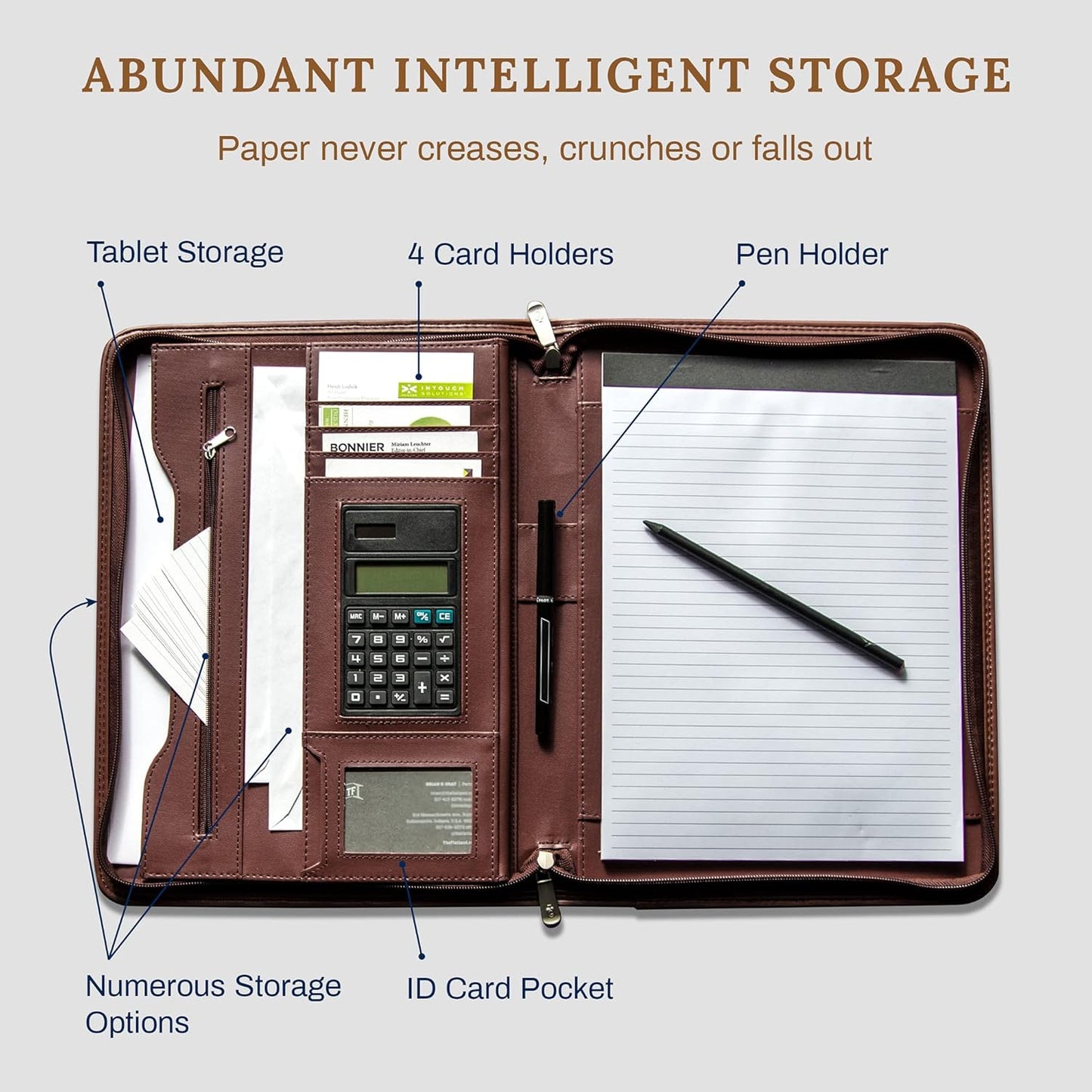 Cossini Premium Business Portfolio with Zipper – Padfolio - Superior Business Impressions Begin with PU Vegan Leather, 10.1 Inch Tablet Sleeve, Smart Storage, Solar Calculator, Writing Pad -Brown