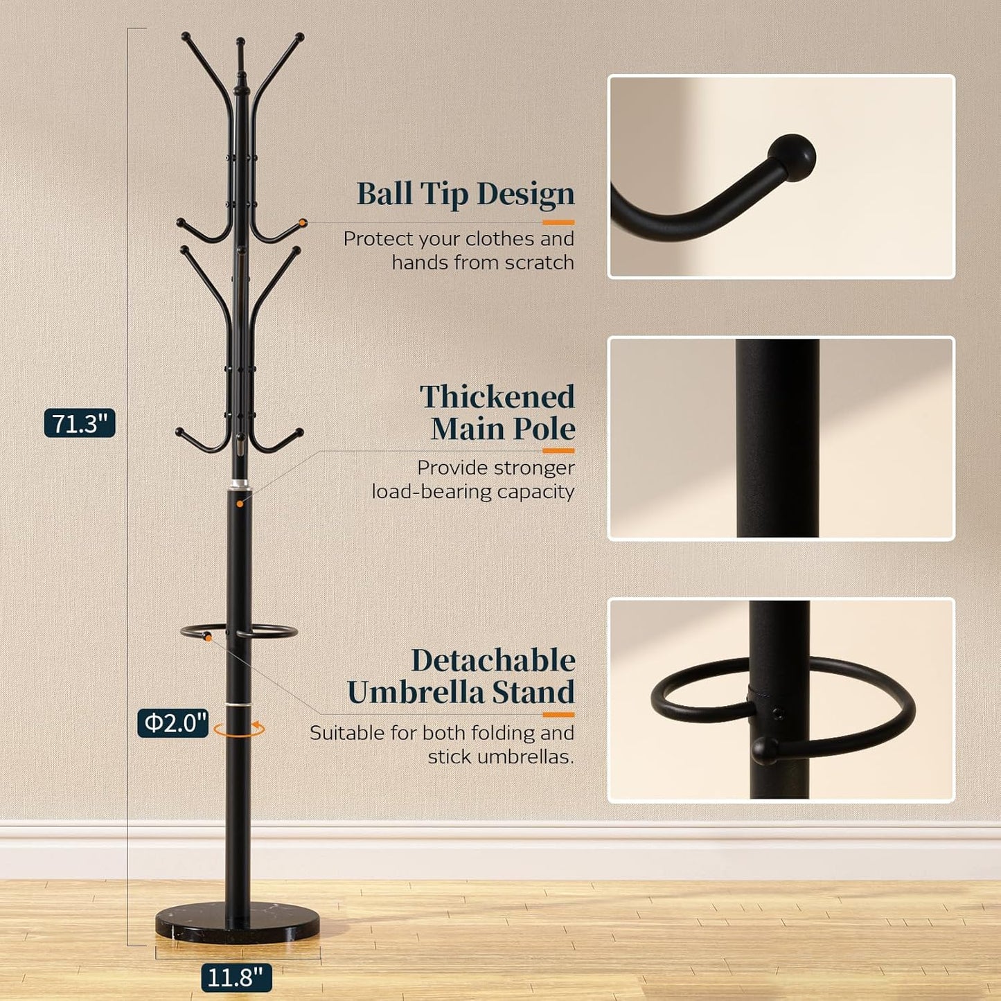 Yoobure Metal Coat Rack Freestanding with Marble Base, Coat Tree with 12 Hooks & Umbrella Holder, Coat Hanger Stand for Corner Entryway Bedroom Office, Heavy Duty Coat Rack Stand for Clothes Hats Bags