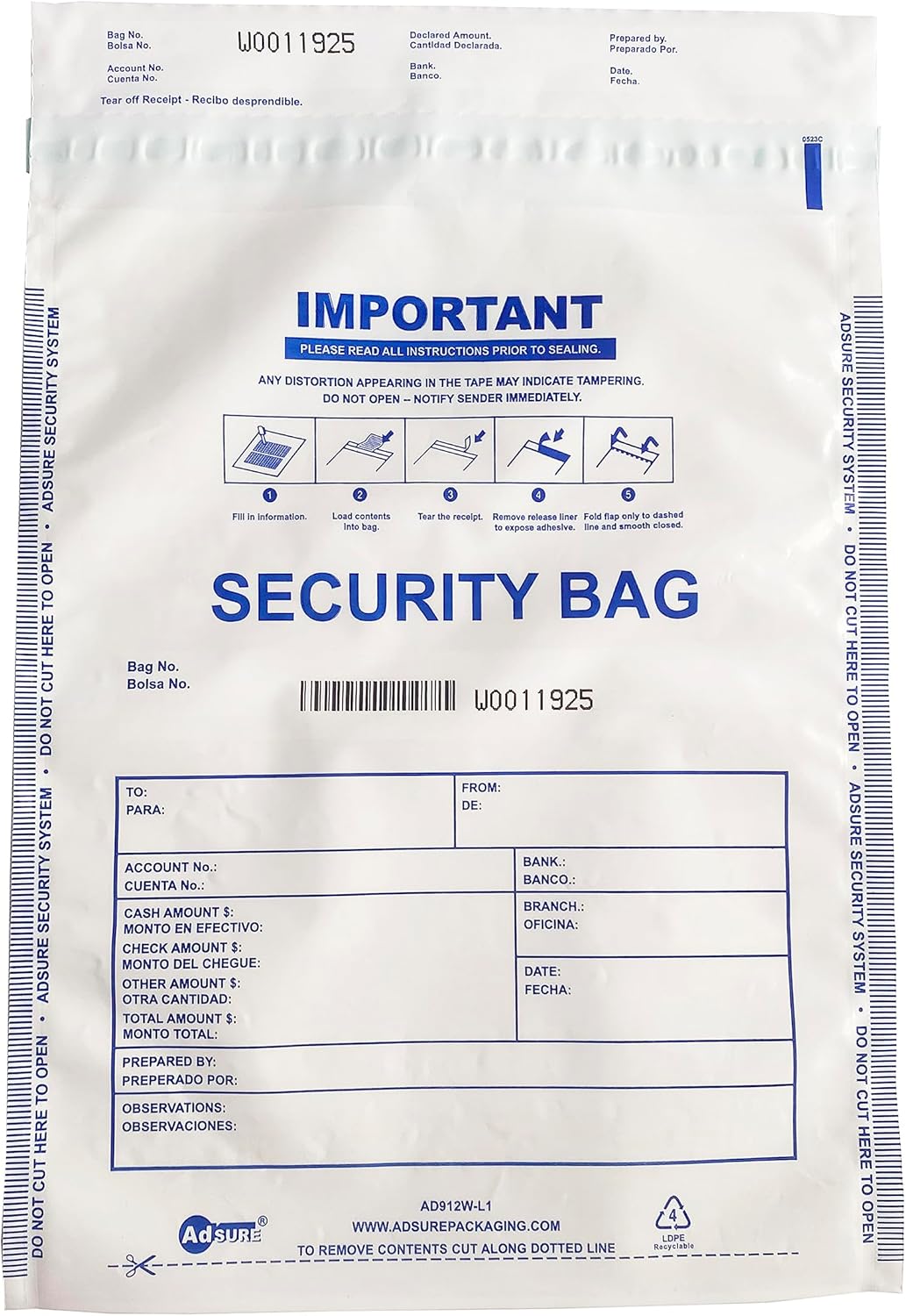 Plastic Bank Deposit Bags 9"x12"|Secure Bank Deposits,Cash Handling or Safe Currency Transportation | Sequential Barcodes | Tamper-Evident | Tear-Off Receipt for Security (White, 100 Pack)