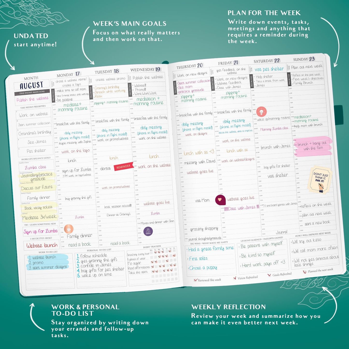 Legend Planner PRO Hourly Schedule - Weekly & Daily Organizer with Time Slots. Appointment Book Journal for Work & Personal, A4 (Dark Teal)