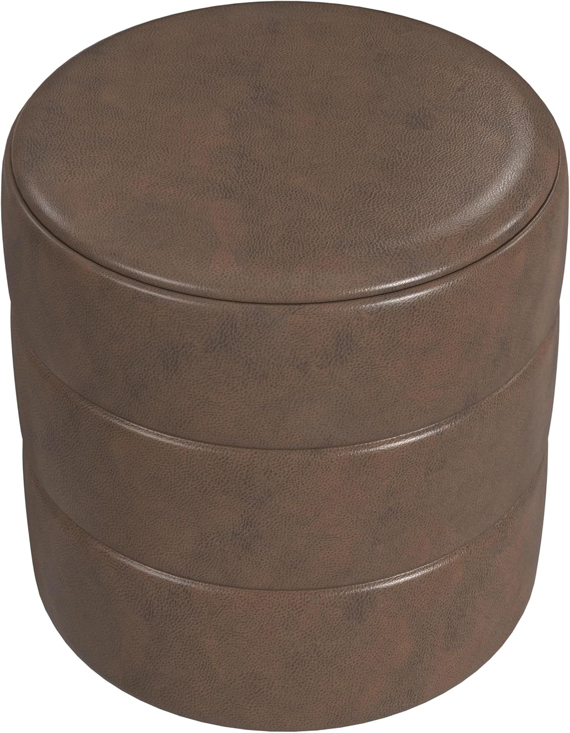 HomePop Upholstered Faux Leather Round Ottoman Home Décor|Foot Rest Ottoman- Brown Faux Leather