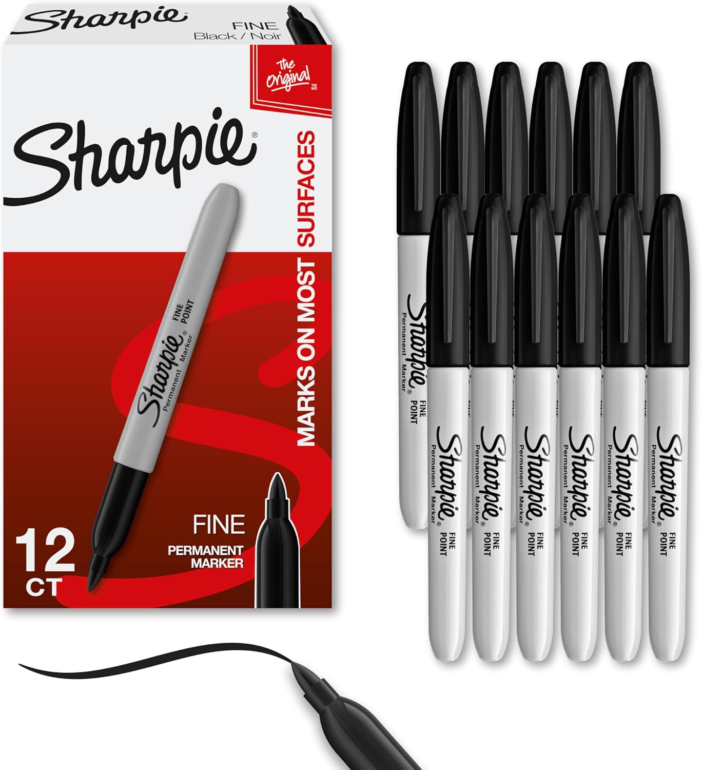 Sharpie Permanent Markers, Fine Tip, Black, 12 Count - For Classroom, Office, & Home, Quick Drying, Fade Resistant, For Wood, Plastic, Paper, Metal, And More, Ideal for Posters, Drawing, Coloring