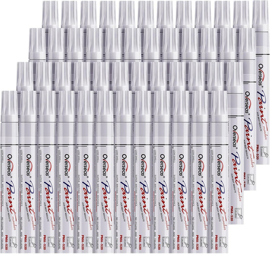 Overseas 48 White Paint Pens, Oil Based Permanent Markers Set - Quick Drying, Waterproof, Fade-Resistant, Medium Tip Paint Markers Bulk for Wood, Metal, Rock, Ceramic, Plastic, Canvas, Glass, Rubber