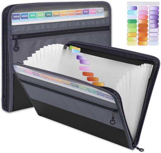 MEGREZ Expanding File Folder with 13 Pockets, A4 Paper File Folder with Zipper Color Labels, Waterproof Accordion File Folder Organizer for Home Office, Black