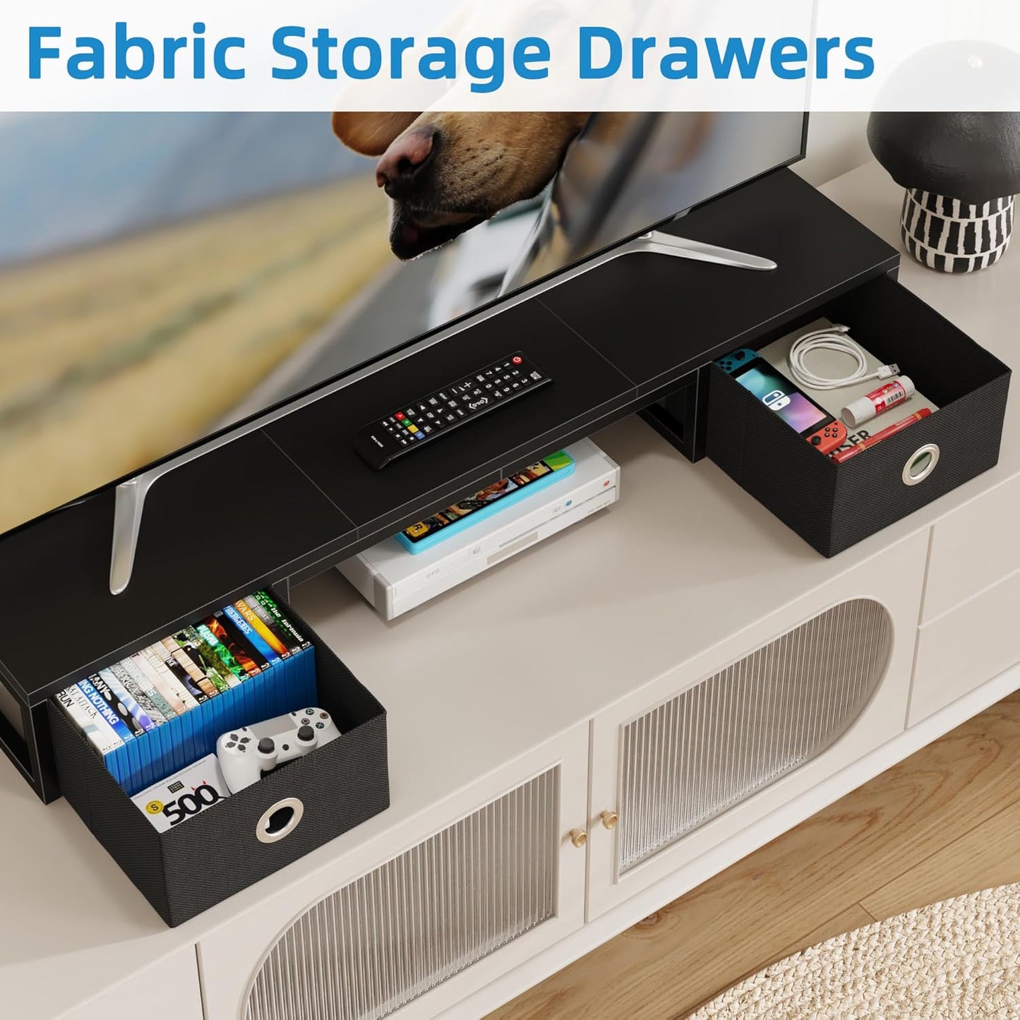 45" Large TV Riser with Fabric Drawers for 32-60 inch TV, TV Stand Riser with Steel Legs, Tabletop TV Riser Shelf, Monitor Stand Riser for Home Office, Black