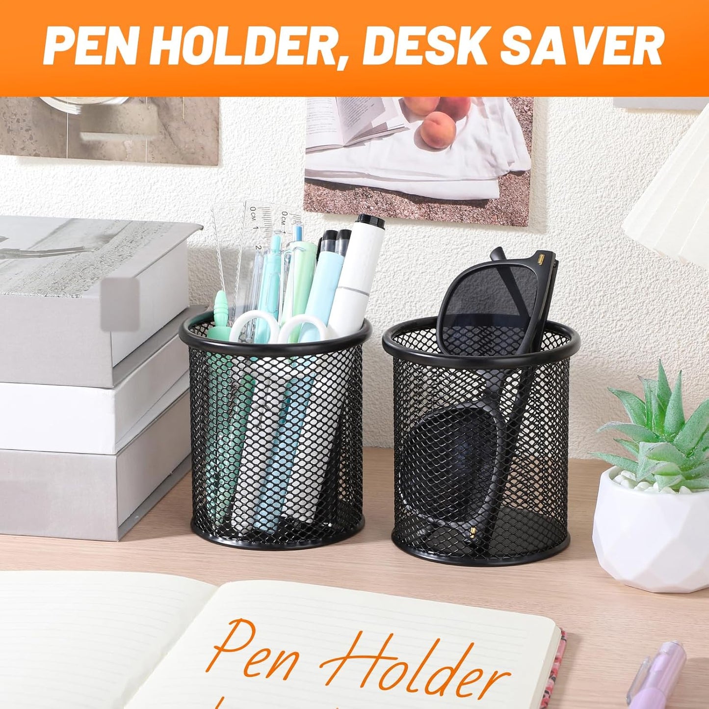 Segarty Pen Cup Holder for Desk, 12 Pack Black Pencil Holder, Round Wire Mesh Pen Container Set for Office Supply, School Classroom, Home Desktop Accessories, Makeup Brush Organizer
