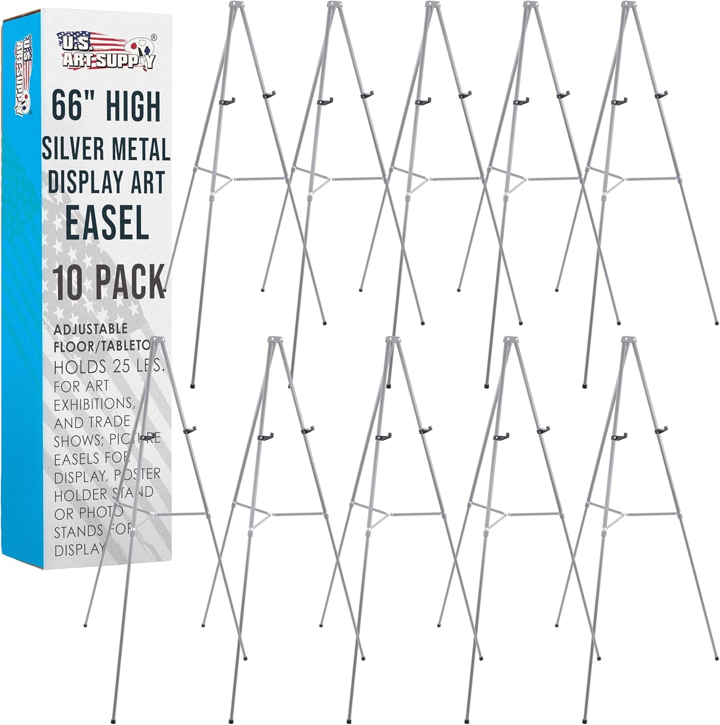 U.S. Art Supply 66" High Gallery Silver Metal Display Easel (10 Pack) - Large Adjustable Height Portable Easel Stand, Sign Display, Holds 25 lbs - Floor & Tabletop Easels, Painting Stand