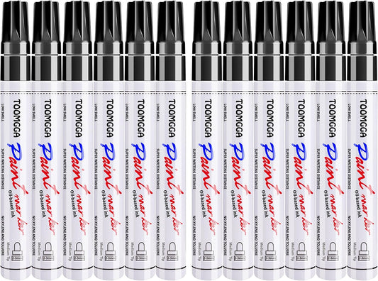 Black Paint Pens Permanent Paint Markers - 12 Pack Oil Based Marking Pens, Medium Point, Quick Drying and Waterproof for Rock Painting Car Tyre Metal, Plastic, Canvas, Wood