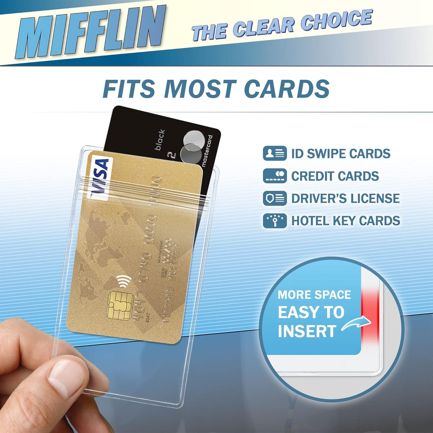 Mifflin-USA Vertical Plastic Card Holder with Metal Clip and Vinyl Straps (Clear, 2.25x3.5 Inch, 50 Pack), Waterproof PVC ID Name Badge Holder with Clip