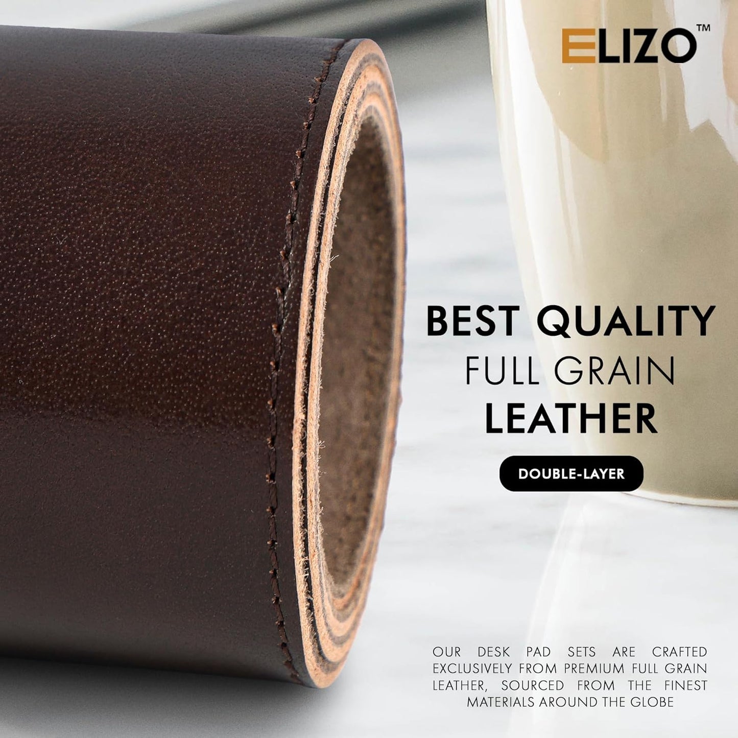 Elizo Leather Desk Mat Desk Pad Blotter Set - Real Full-Grain Leather (32x16) 2-Layer Genuine Desk Cover Protector & Large Mouse Pad | Computer Keyboard Desk Accessories for Office & Home