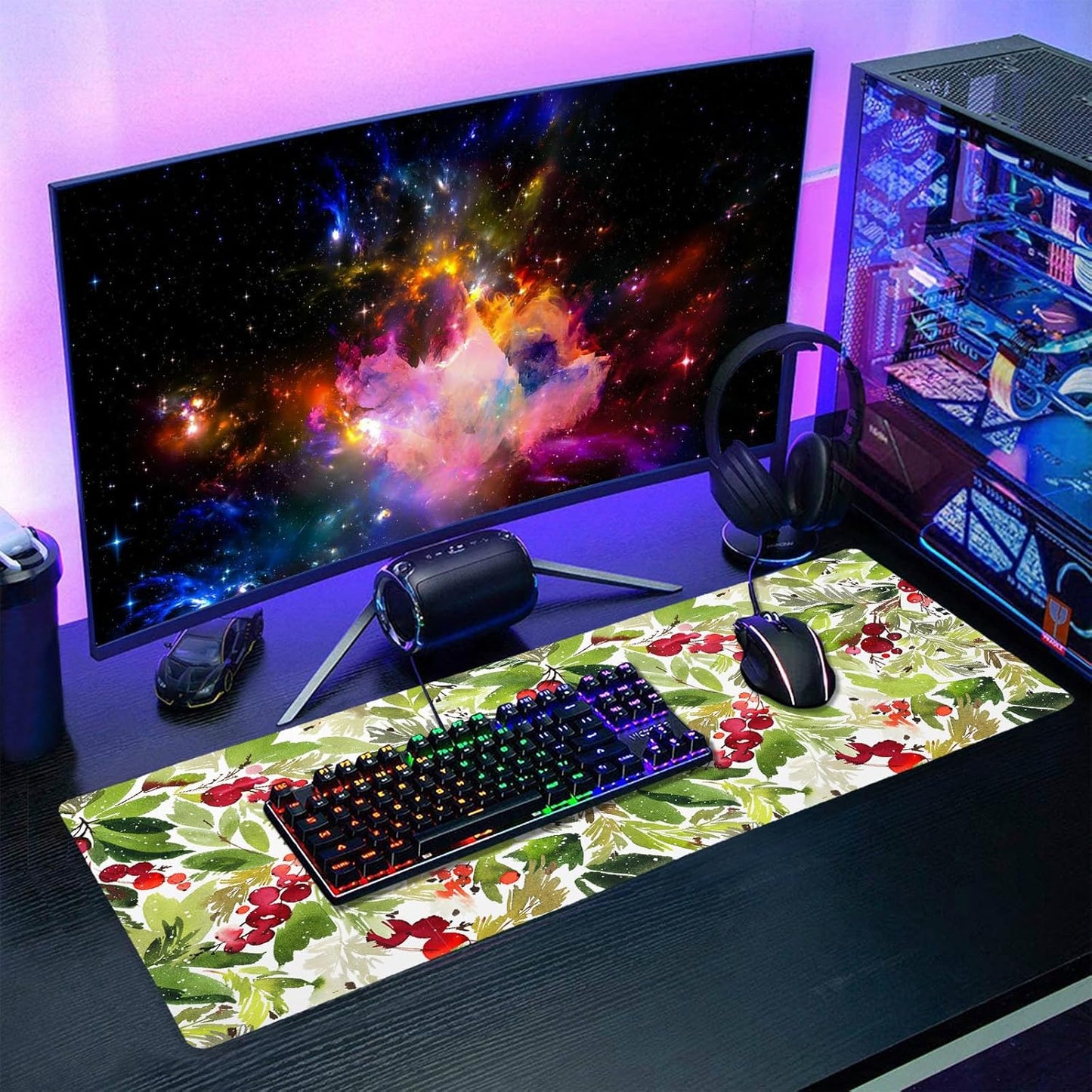 Watercolor Holly Christmas Gaming Mouse Pad XL Green Leaves Red Berry Xmas Extended Large Mat Mousepad Desk Pad Rubber Base Stitched Edge Winter Holiday Long Keyboard Pad for Computer,31.5×11.8 Inch
