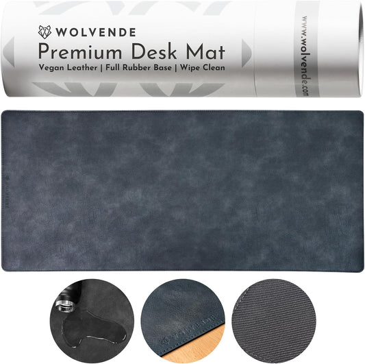 Premium Distressed Faux Vegan Leather Desk Mat | Multifunctional Desk Pad for Home Office | (Black/Grey, 15.75" x 36")