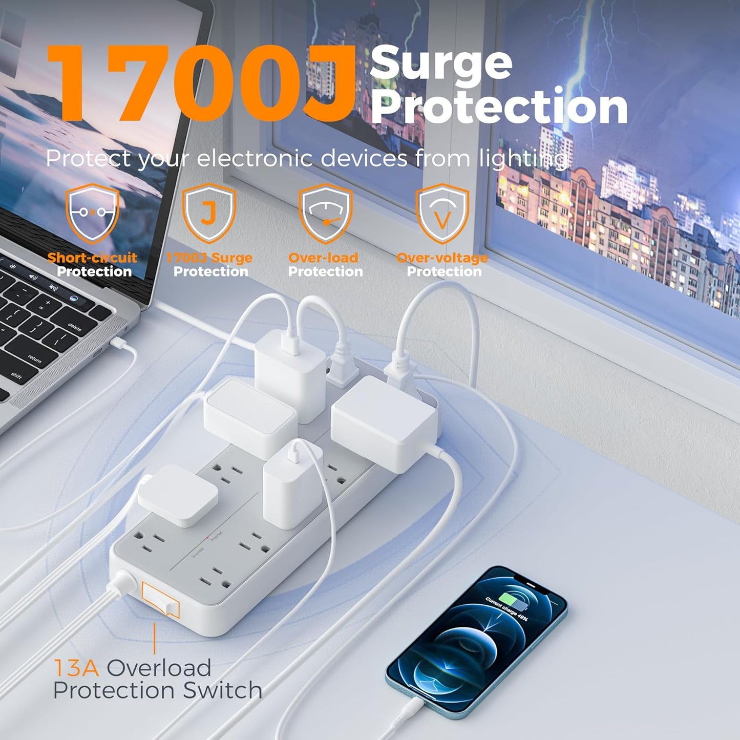 Surge Protector Power Strip, TESSAN Extension Cord with Multiple Outlets, 12 AC Outlets, 3 USB Ports(1 USB C), Flat Wall Plug, 5 Ft, 1700 Joules Protection for Home Office Dorm Room Essentials