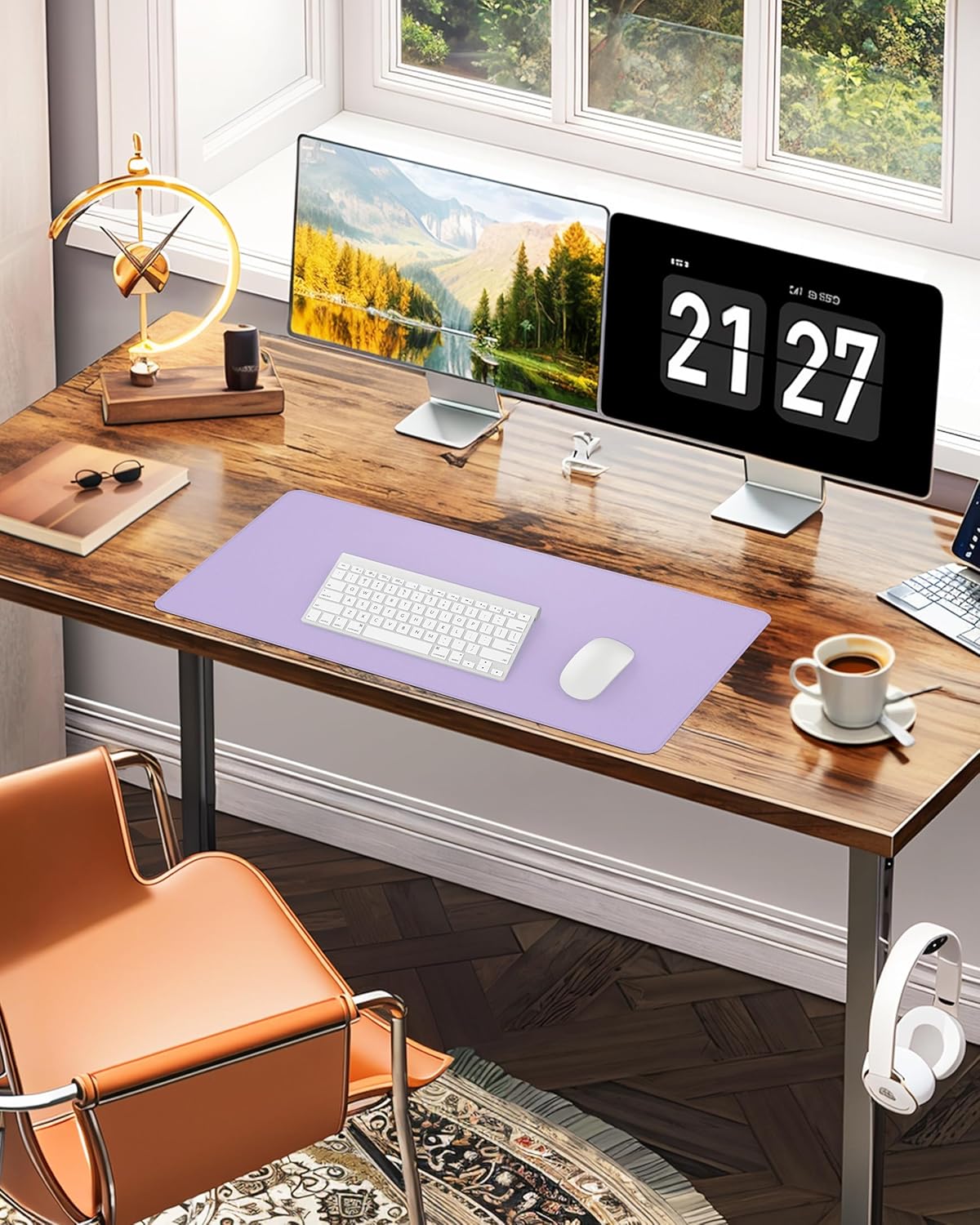 Desk Pad Mat 23.6"x13.7" - Waterproof Mouse Pad & Desk Protector, Non-Slip PU Leather for Gaming Keyboard/Mouse, Stitched Edge XL Office Desk Pad with Ergonomic Support(Light Purple)