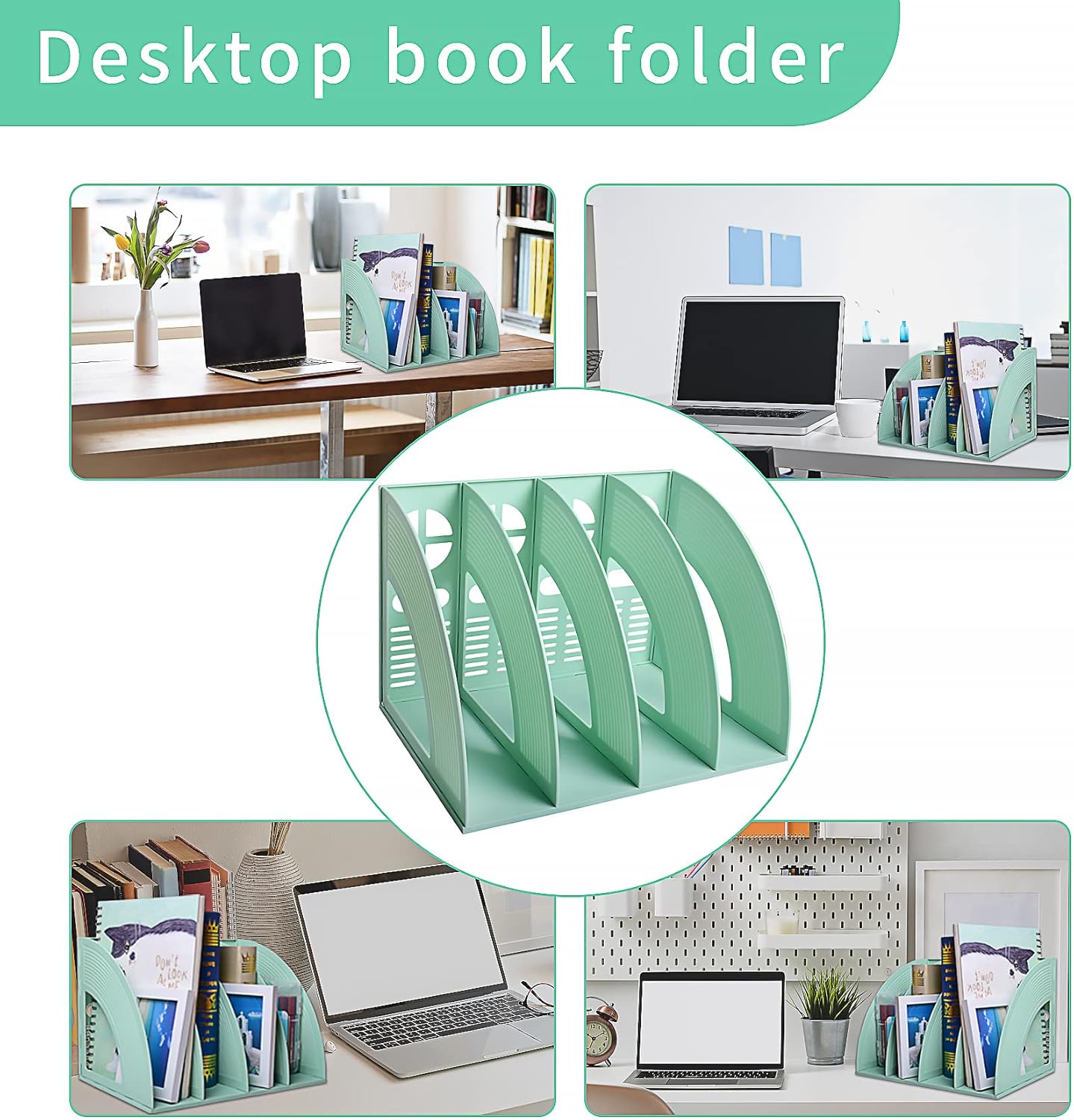SAYEEC Magazine File Holder Folder Storage Desktop 4 Compartment Standing Hollow Green Files Bookshelf Organizer Box Office Racks Displays Holds Notebooks Documents for School Working Students