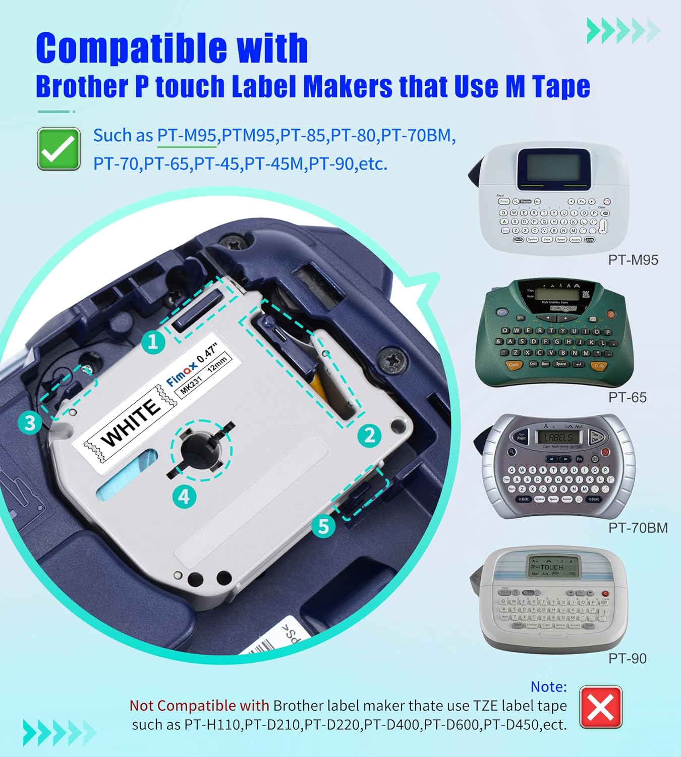 M-K231 12mm Replacement for Brother M Tape 12mm 0.47'' White, M-K231s MK231s M231 Label Tape Replace for Brother PTouch PT-M95, PT-90, PT-70, PT-65, PT-60, PT-45 Label Maker Refills, 3 Pack