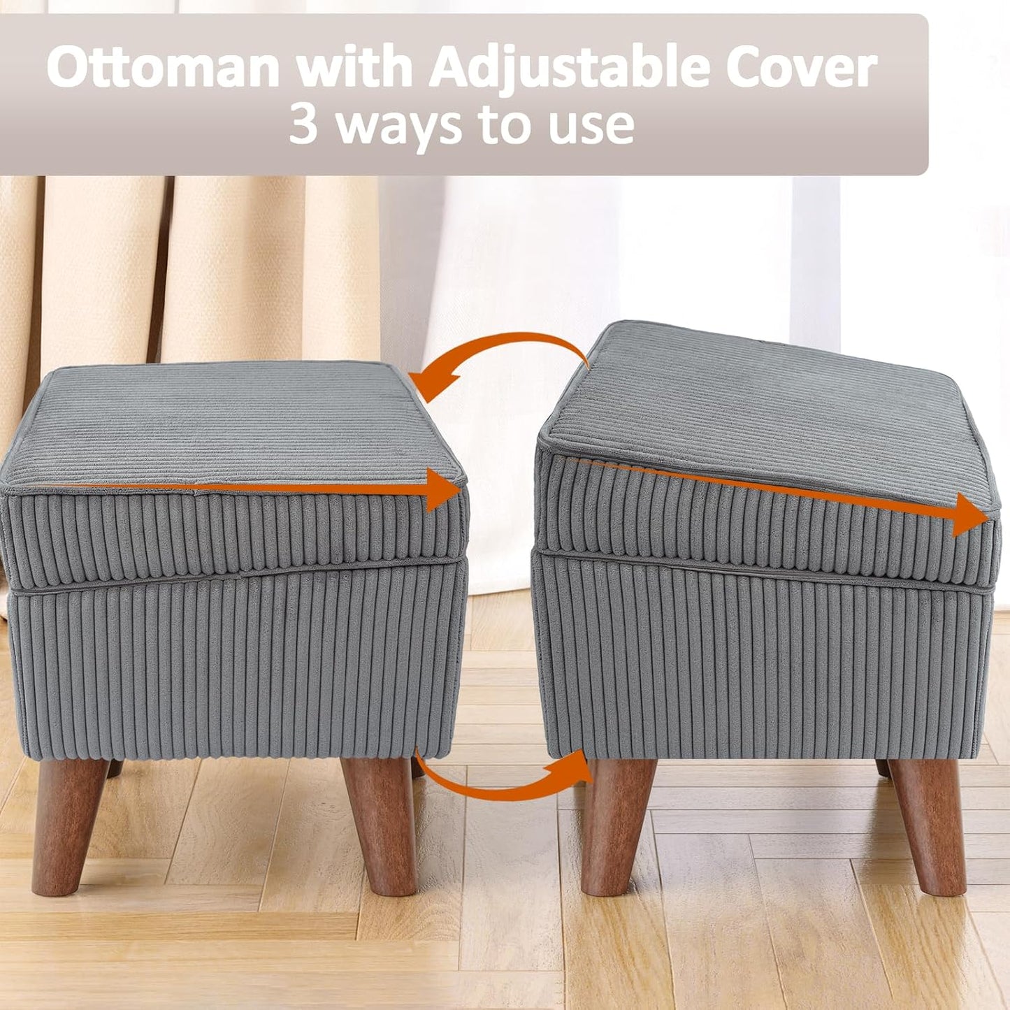 Storage Ottoman with Adjustable Lid, Soft Step Stool, Footrest and Seat, Ottoman Foot Rest for Living Room, Bedroom, Dorm, Light Gray