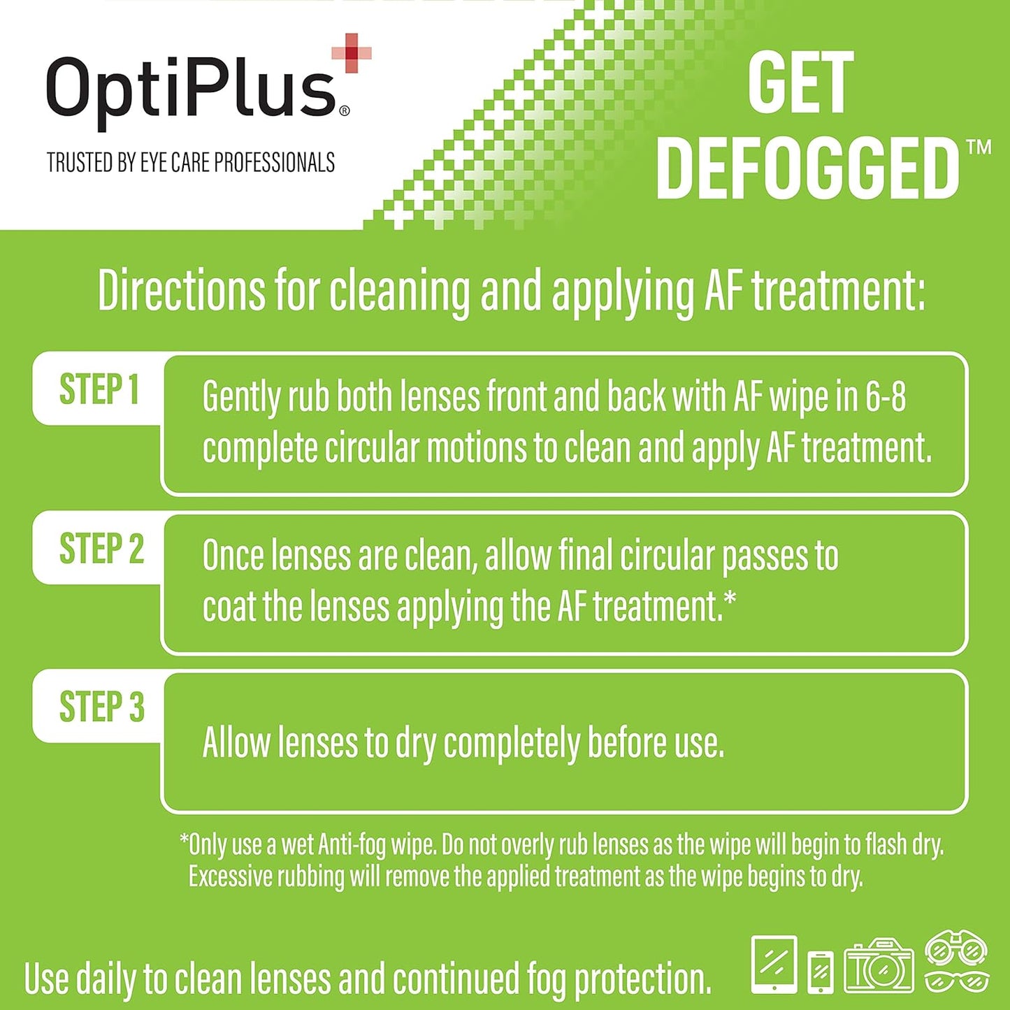 OptiPlus Anti Fog Lens Wipes l Pre-Moistened l Cleaning Wipes for Glasses, Laptops Screens, Smart Phones, Optical Lens, Goggles, and Watch Screen l Quick-Dry & Scratch-Free l Two Pack of 100 Pack
