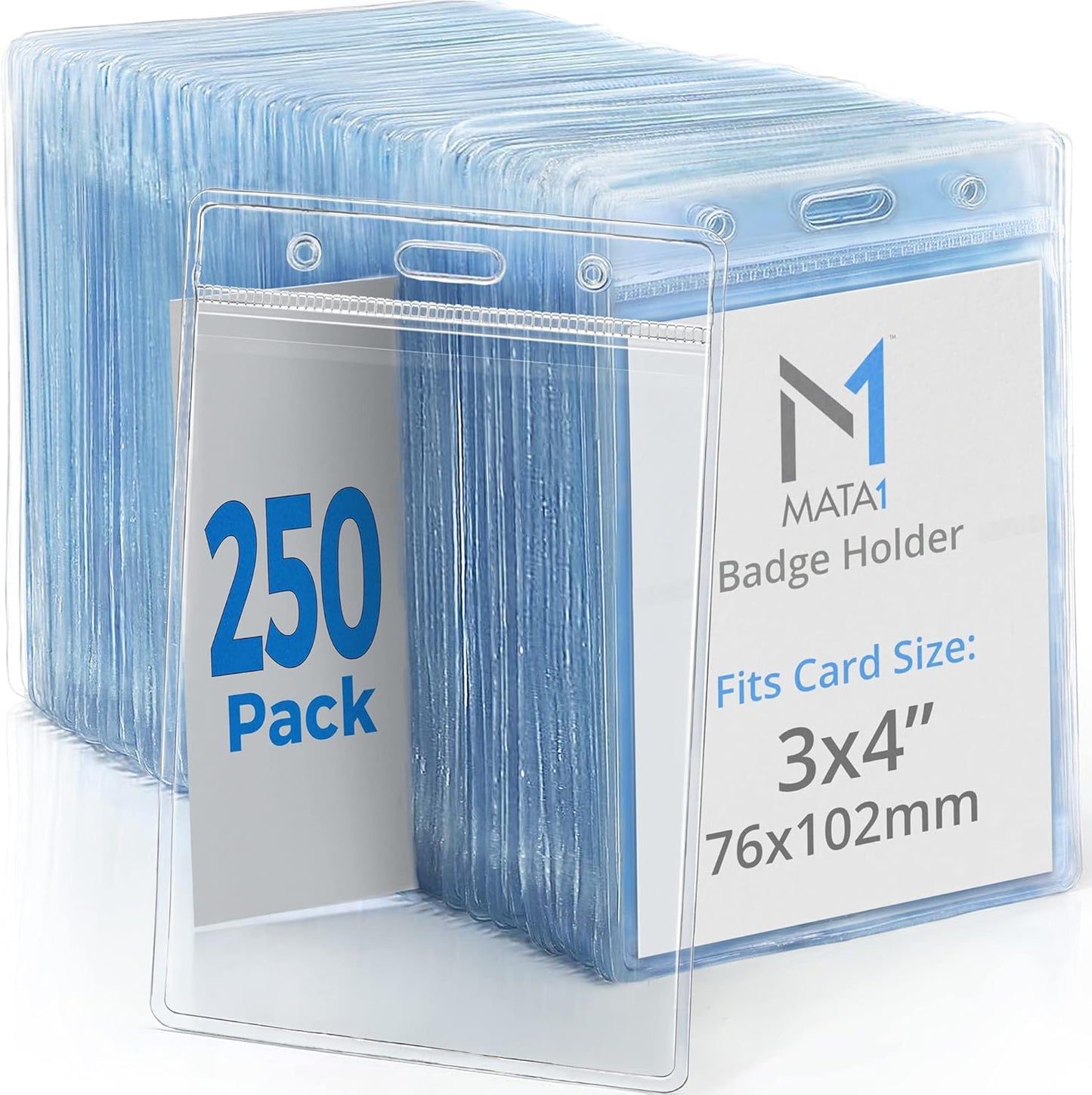 Mata1-USA Plastic Extra-Thick Vertical ID Card Holder (Clear, 3x4 Inch, 250 Pack), Large Size No Zipper Name Badge