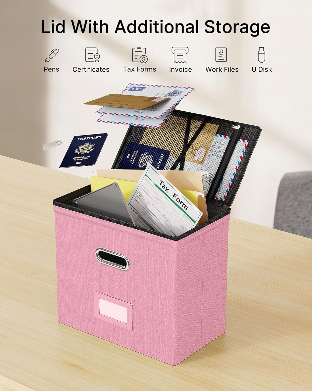Oterri File Organizer Boxes with Lids, File Box with Mesh Pockets, Document Organizer Box for Letter Size Folders, Zippers Important Document Organizer (Pink, Small-1 Pack Without Folders)
