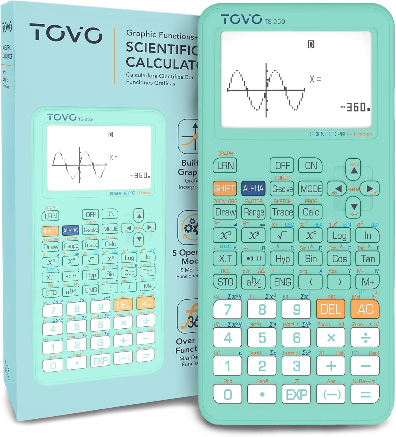 TOVO Scientific Calculator with Graphing Functions, Multiple Modes, 360 Functions, Large Screen, Intuitive Interface for Beginners, High School & Advanced Courses, TS-259 (Developed by CATIGA)