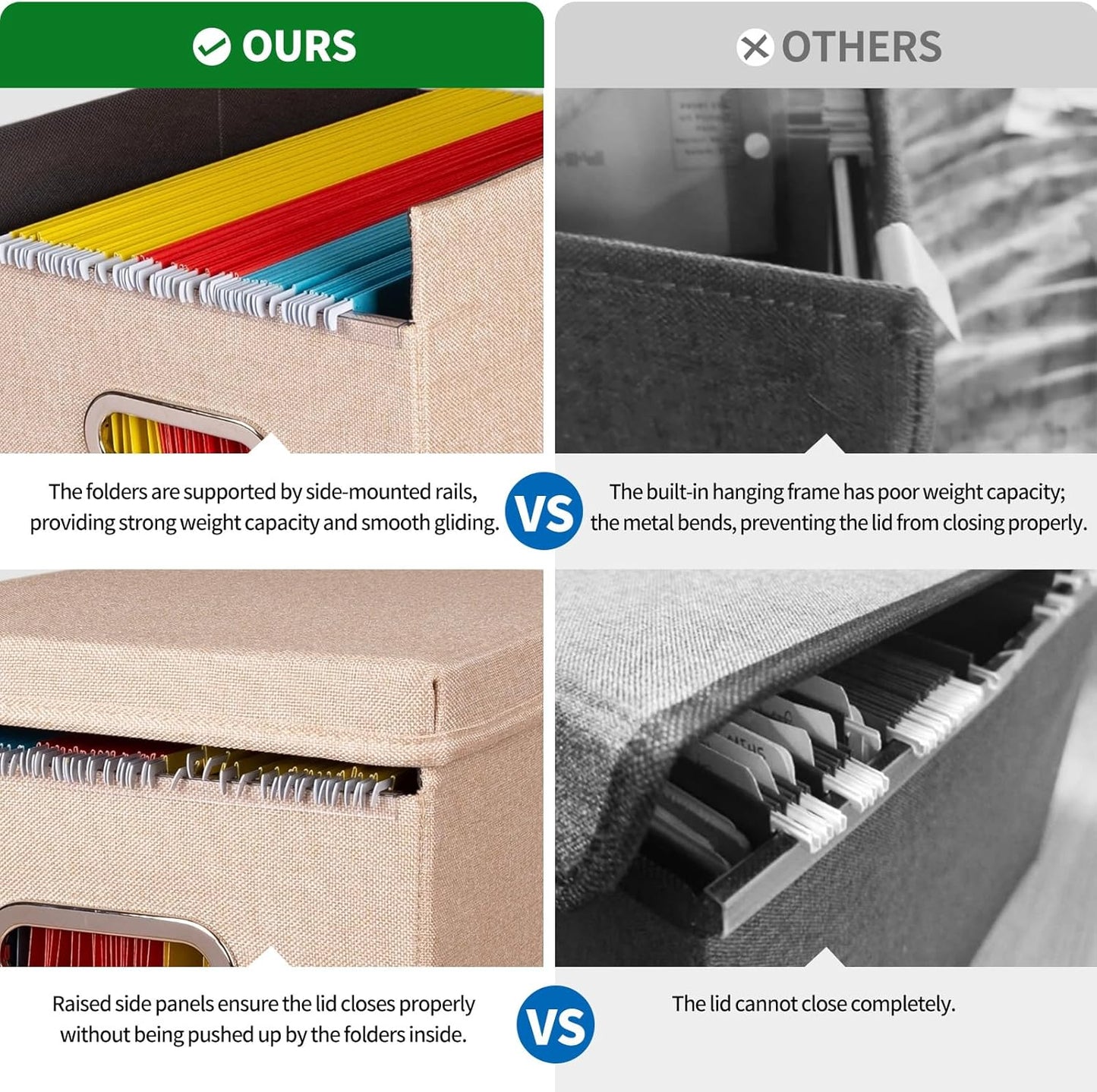 2 Pack Hanging File Folders Organizer with Lid, Letter Size Fabric File Storage Box Collapsible, Portable Office Document Holder with Metal Handle, Smooth PVC Rails, Beige