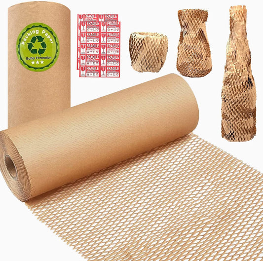 Honeycomb Packing Paper, HONSREO 15in x 300ft Eco Friendly Recyclable Cushioning Material, Bubble Wrap for Moving Shipping Breakable Supplies with 20 Fragile Sticker Lables (Brown)