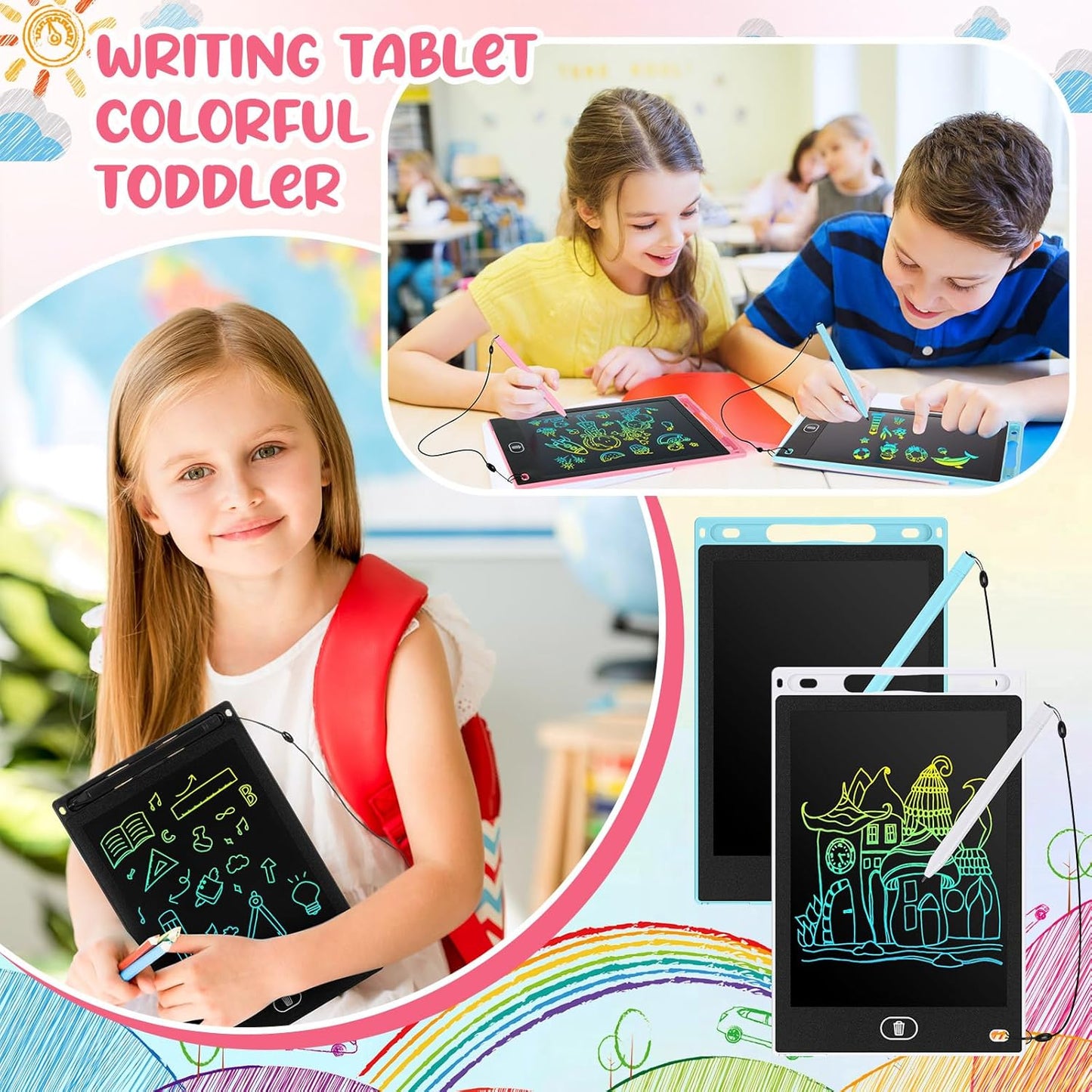 Tinlade 12 Pack LCD Writing Drawing Tablets 8.5 Inch Bulk Colorful Doodle Board Erasable Electronic Painting Drawing Pads Learning Toy Gifts for Kids Christmas School(Pink, Light Blue, White, Black)