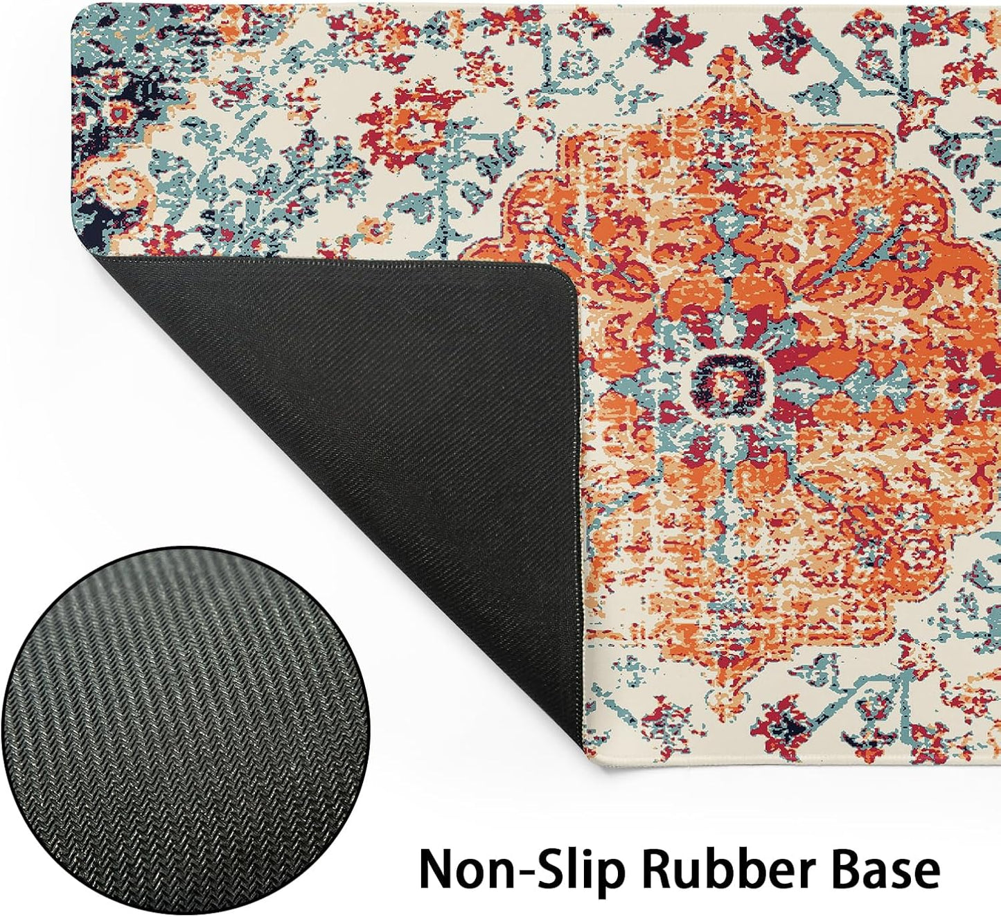 Orange Teal Boho Gaming Mouse Pad Large XL Rug Carpet Bohemian Retro Extended Large Desk Mat Big Mousepad Non-Slip Rubber Base Stitched Edge Long Desk Pad for Desktop Office PC Gamer,20x14 in,60x35cm