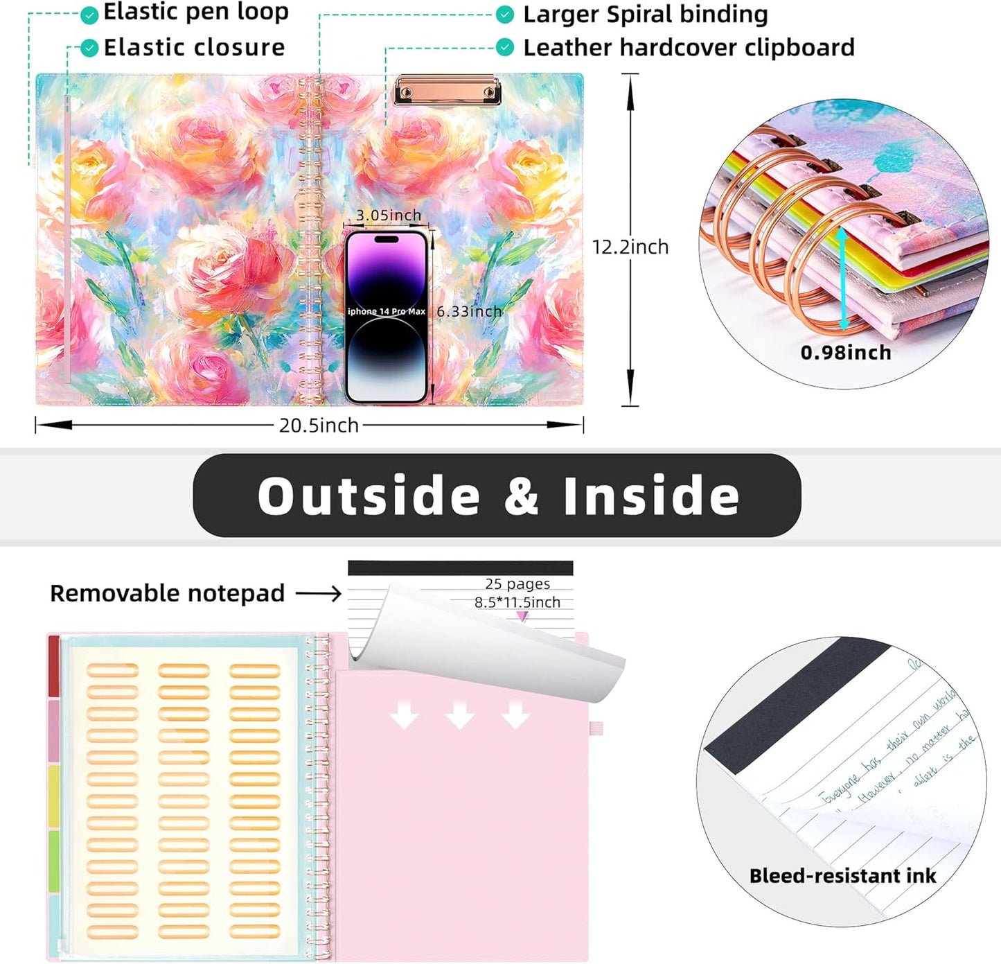 Ospelelf Pink Foldable Spiral Clipboard Folio with with Storage Zipper Pouch, 5 Plastic Folders with 10 Pockets, Leather Clipboard Folder with Notepad, 39 Divider Label Stickers (Rose)