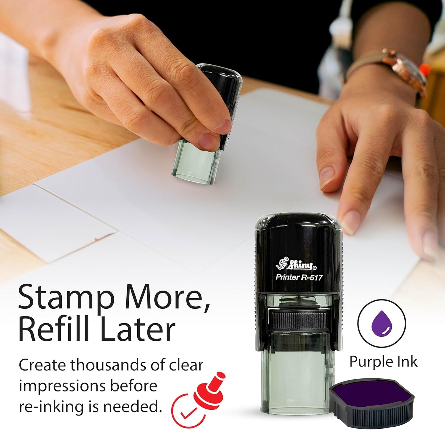 Shiny Well Done Teacher Stamp, Round Self Inking Stamp for Classroom, Purple Ink