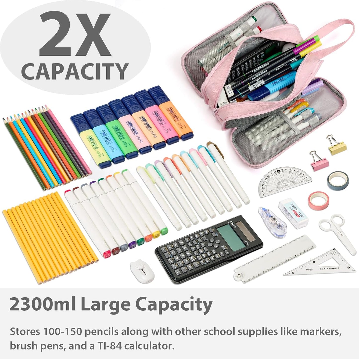 Pencil Case Pouch Box Bag School Supplies Girls Boys Kids, Cute Preppy Stuff Big Capacity Aesthetic Pen Organizer, Back to College Stationary, Pink, Extra Large Style, 2300ml