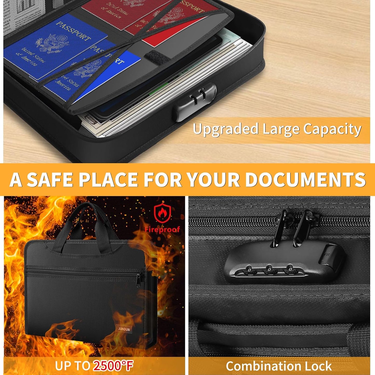 JUNDUN Accordion File Organizer with Lock,Multi-Pockets Fireproof Document Organizer with Handle & Zipper - 13 Pockets Expanding File Folder with Labels for Letter A4 Files and More