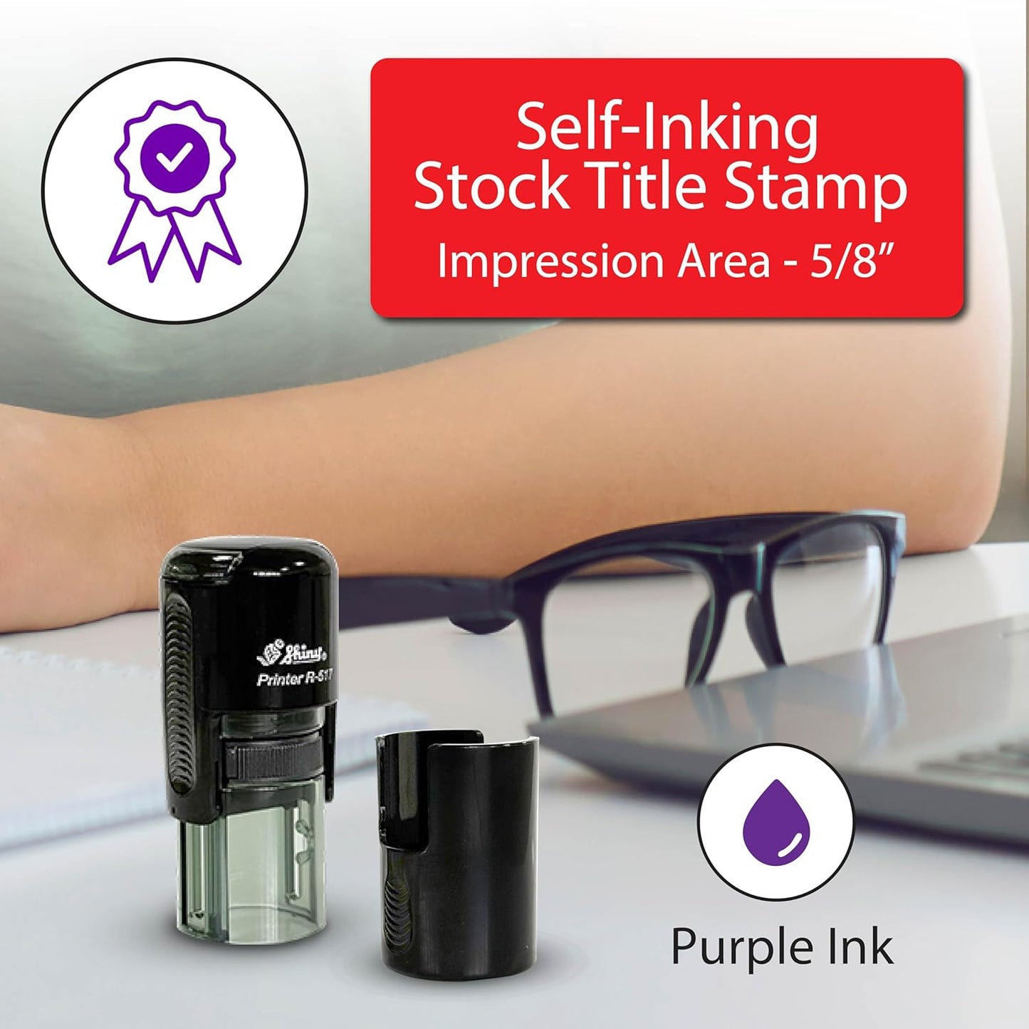 Shiny Ribbon Teacher Stamp, Round Self Inking Stamp for Classroom, Purple Ink