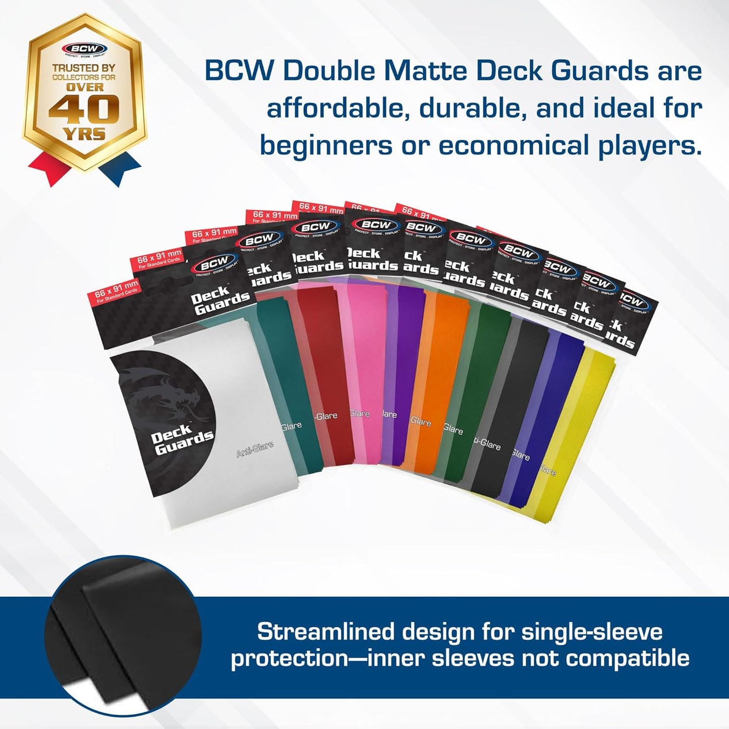 BCW Deck Guard - Double Matte Card Sleeves | 500 Count Box (10 Packs of 50 Sleeves) |Acid-Free, No PVC | Fits 2.5" x 3.5" Game Cards | Archival Safe Sleeves for Card Protection (Orange)