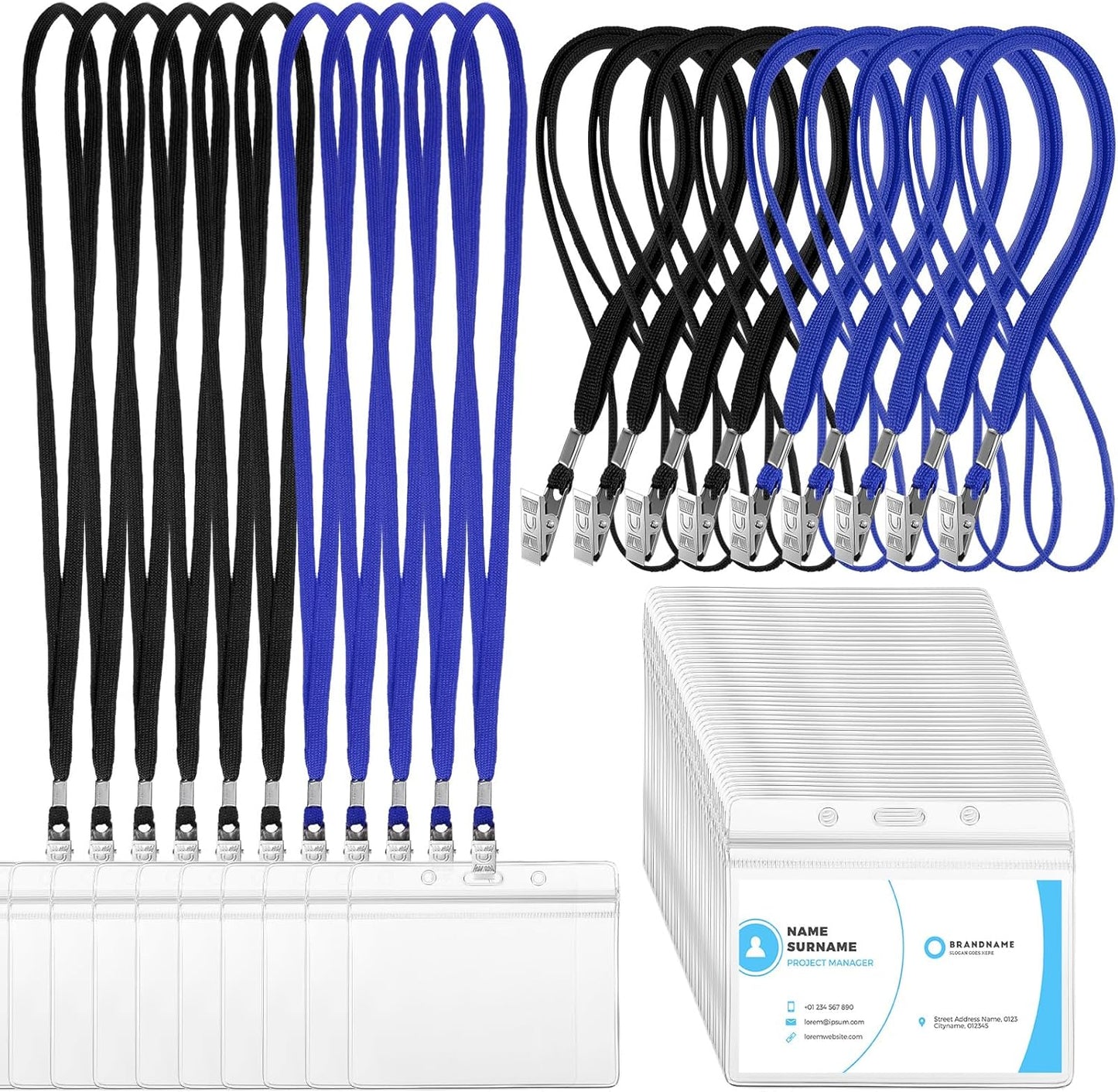 Marspark 100 Sets Clear Name Tags with Lanyard, Lanyards for ID Badges Reusable Strap with ID Holder Plastic Name Badges for Adults Business School Church Conference (Black,Blue)