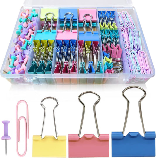Paper Clips and Binder Clips Assorted Sizes, 240 PCS Colored Office Clips Set Large Medium Small Paper Clamps Paperclips Push Pin Thumb Tacks, College Supplies Home Office Supplies Document Organizing