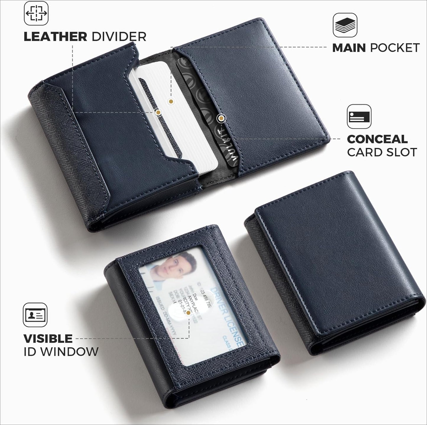 Real Leather Business Card Holder Premium RFID Blocking Card Case with ID Window and Magnetic Closure Holds Up to 40 Business Cards (Navy)