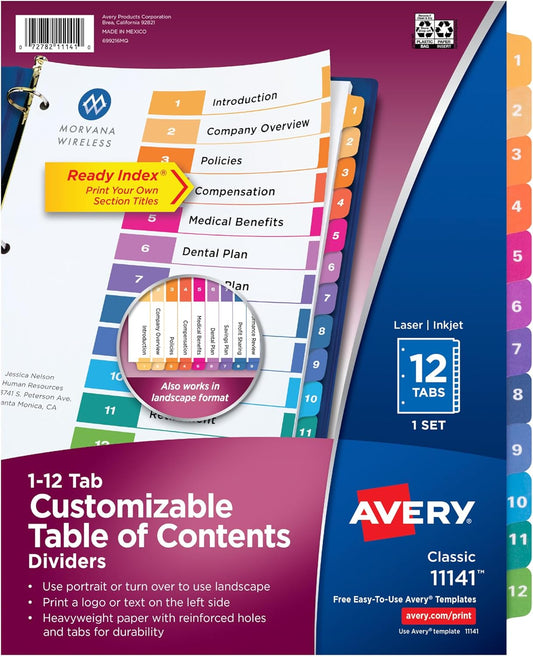 Avery Dividers for 3 Ring Binders, 12 Tabs per Set, Customizable Table of Contents, Multicolor Tabs, Great for Organizing Reports, Projects, and More (11141)