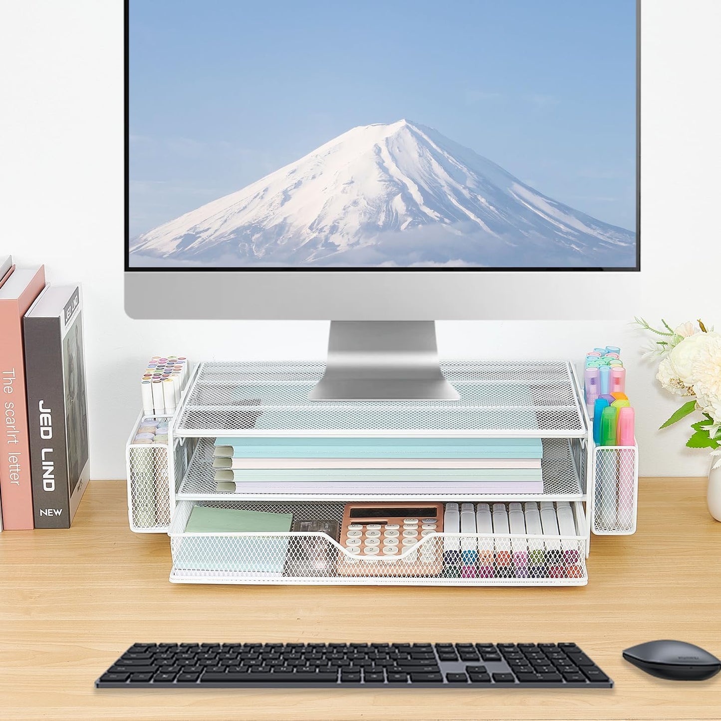 AUPSEN Computer Monitor Stands Riser，2-Tier Desk Organizers and Accessories, Office Desk Accessories Organizer with Drawers and 2 Pen Holder for Office Supplies (White)