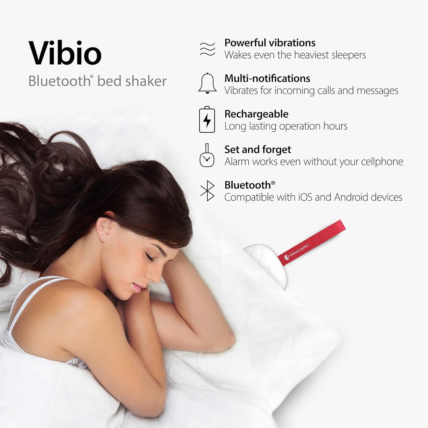 Bellman & Symfon Vibio Bluetooth Bed Shaker – Silent Vibrating Travel Alarm Clocks for Heavy Sleepers – Portable Rechargeable Clock with Multiple Alarms, Call and Message Alerts Easy to Pack for Trips