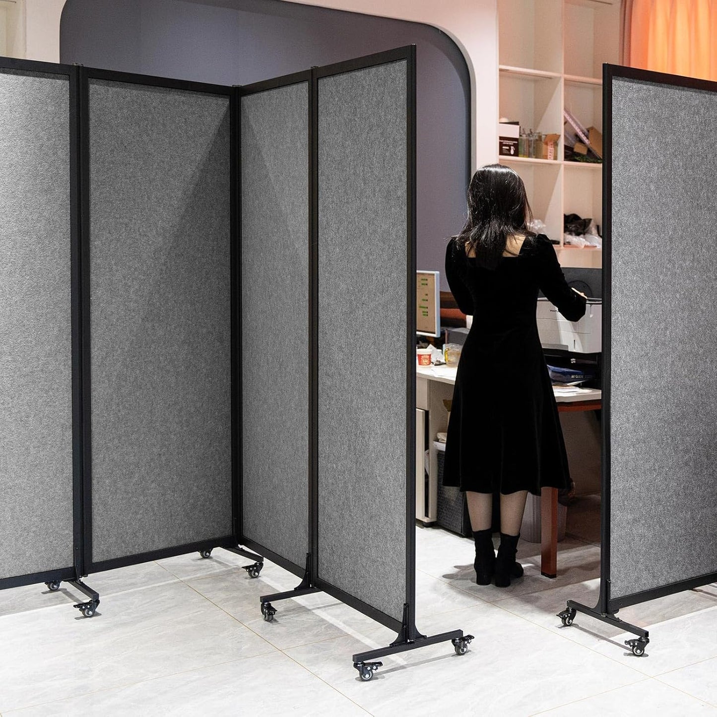 Upgrade Version Room Partition and Divider, Freestanding Rolling Dividers with Wheels,Office Privacy Screen Divider Wall,Classroom Felt Dividers,12'2"L* 6'7"H,6 Panel，Light Grey