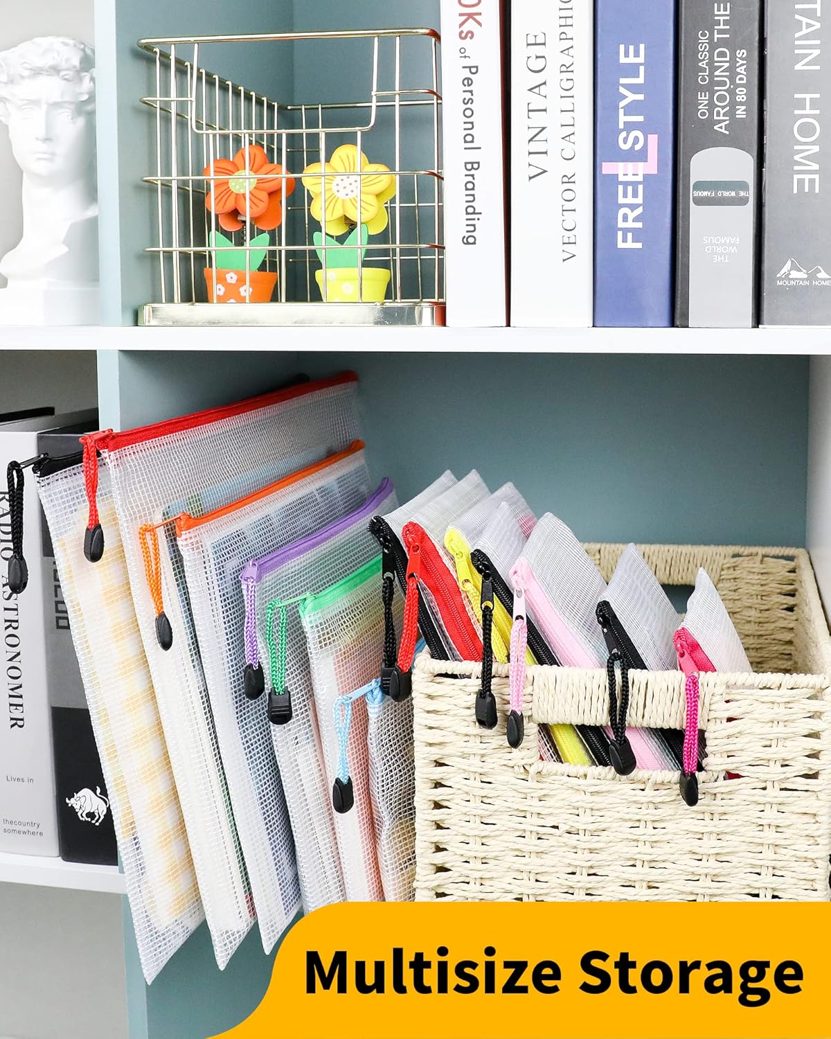 Smarpau 32pcs Zipper Pouch, 8 Sizes 8 Colors Mesh Zipper Pouches for Organizing, Waterproof Plastic Zipper Storage Bags for Board Game Storage, Travel, Office Supplies