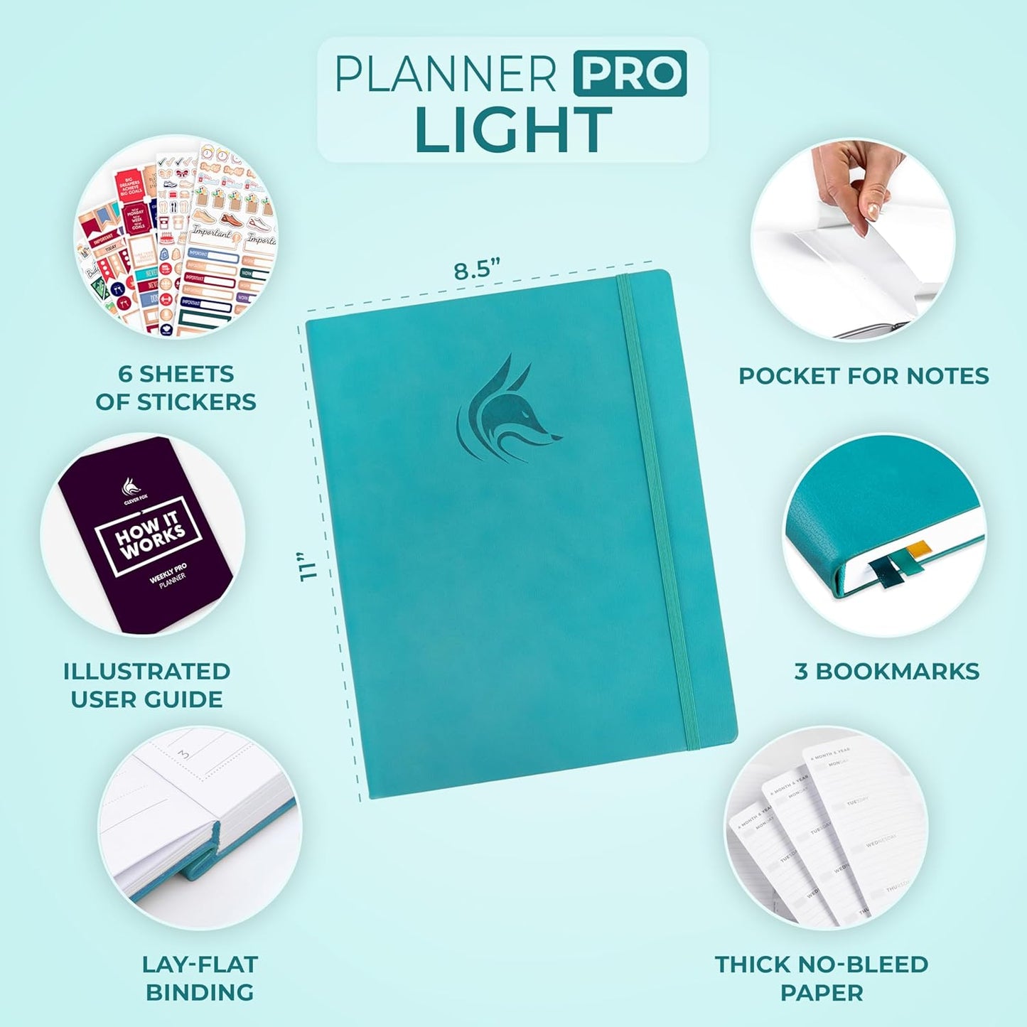 Clever Fox Planner PRO Light – Weekly & Monthly Life Planner to Increase Productivity, Time Management and Hit Your Goals, 8.5x11″ (Turquoise)
