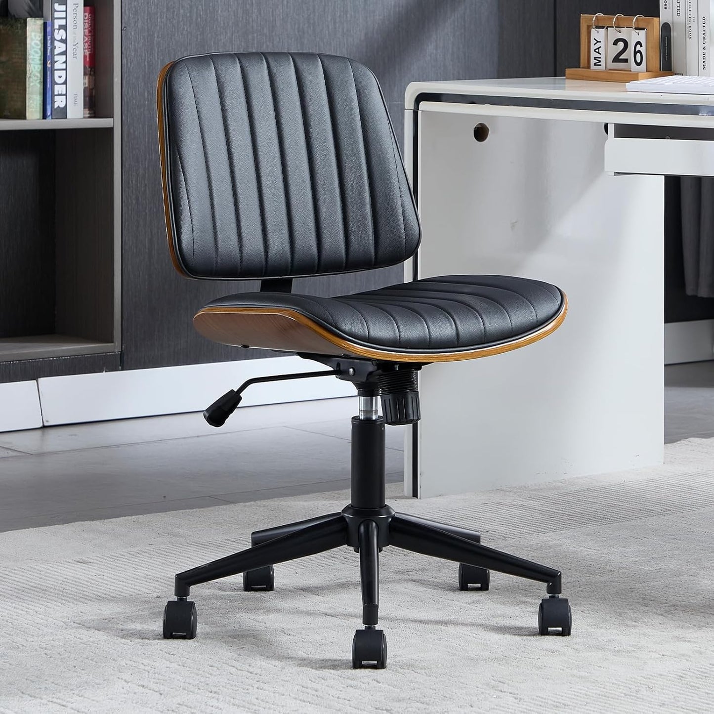 Small Home Office Chair - Armless Mid Back Desk Chair with 360° Swivel and Wheels, PU Upholstered Height Adjustable Modern Walnut Computer Chair for Home, Office Meeting Room - White