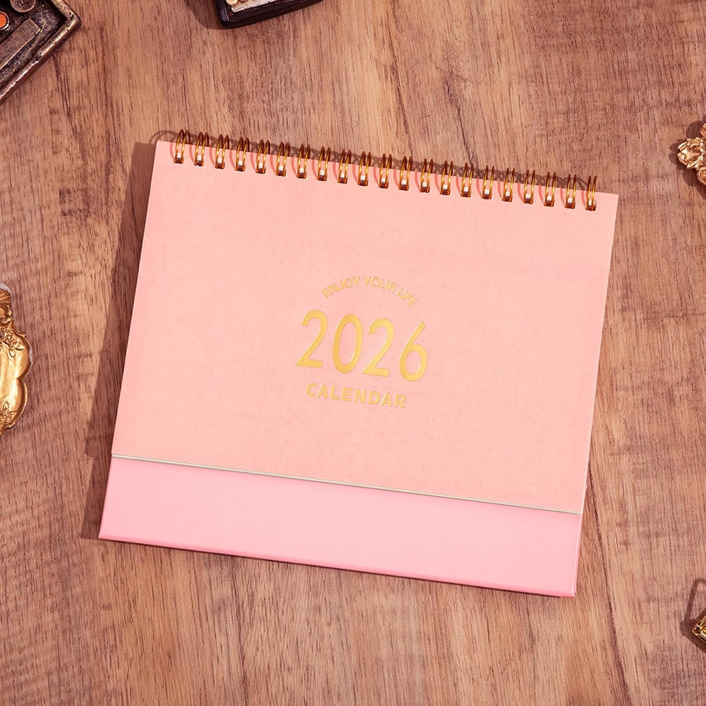 Small Desk Calendar 2025, Standing Flip Desktop Calendar from July 2025 to Dec 2026 - Metal Ring Twin-Wire Binding Monthly Desktop Calendar for Home Office School (Pink)