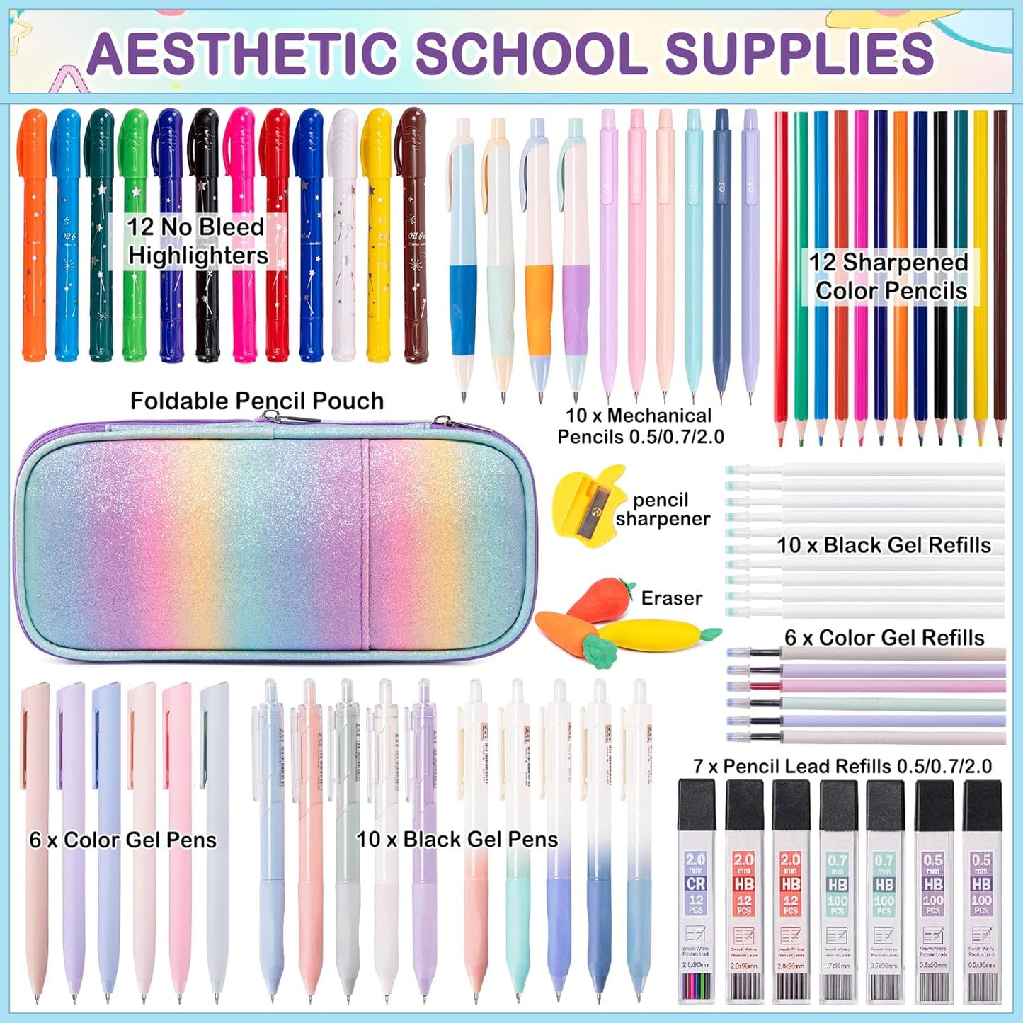 78PCS Aesthetic School Supplies with Cute Pencil Case, Pastel Highlighters Gel Pens Mechanical Pencils Set 0.5 0.7 & 2.0mm, Back to School Supplies Student Stationary Set, Pencil Pouch with Supplies
